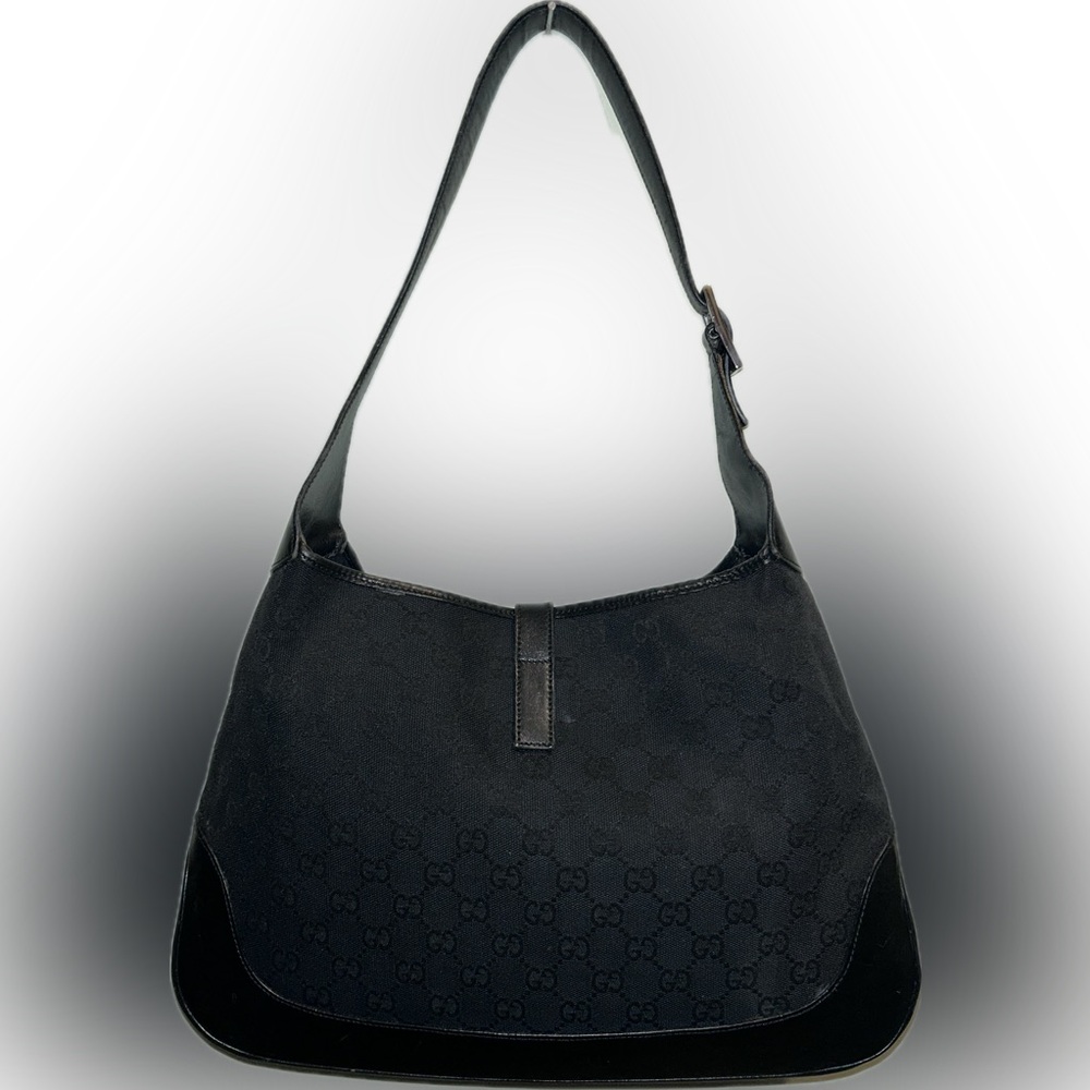 Vintage Gucci Jackie Black Monogram Logo Canvas Leather Luxe Shoulder Bag Purse - Picture 4 of 16